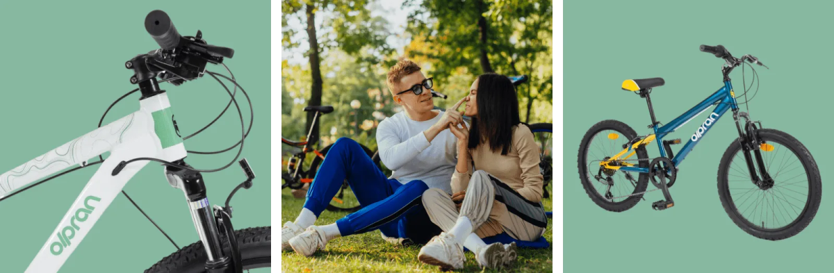 tři obrázky se dvěma koly a párem sedícím v přírodě