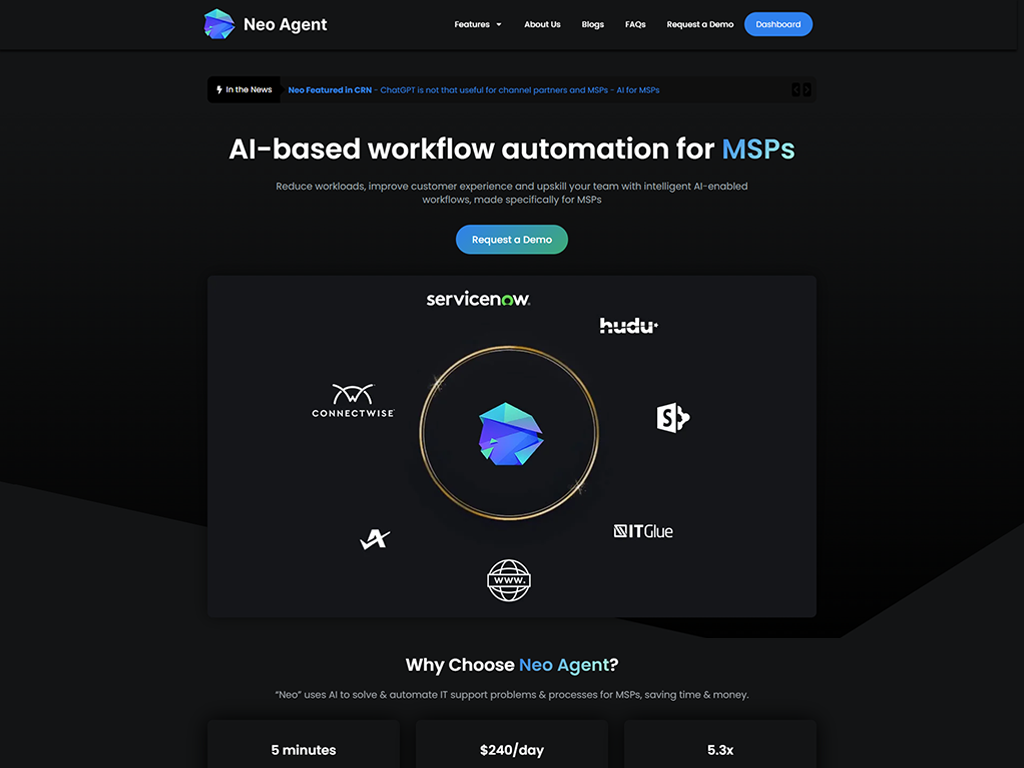 NeoAgent website, an AI tools platform for managed service providers