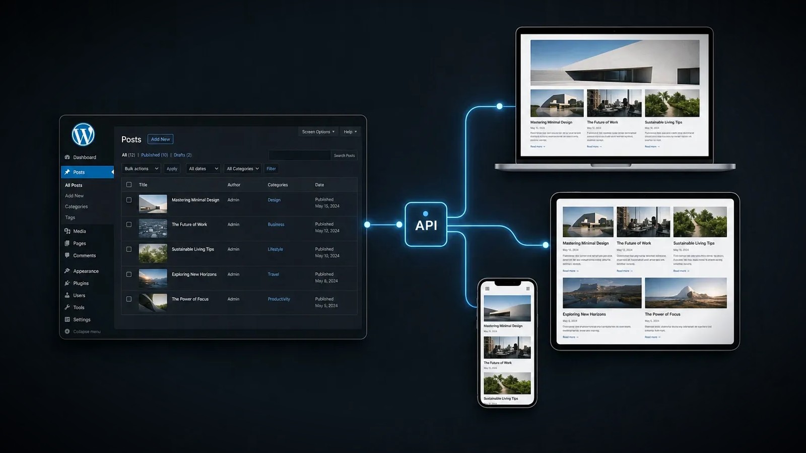 A WordPress admin as a single content source feeding a website, tablet and phone through an API, representing headless WordPress