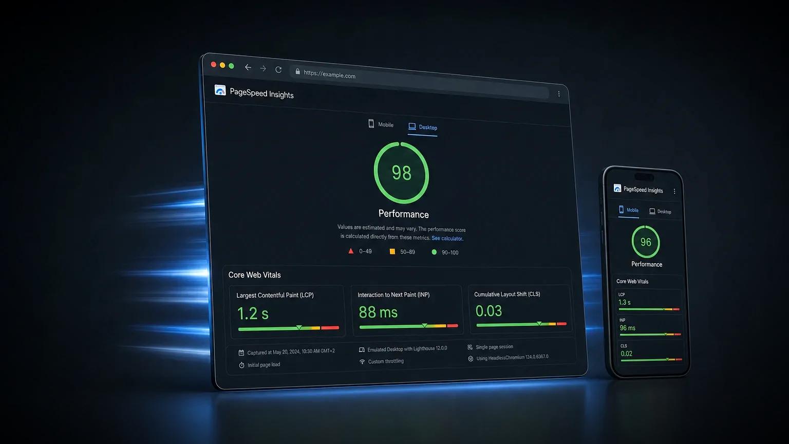 A PageSpeed Insights report on desktop and mobile showing a 98 performance score and Core Web Vitals metrics