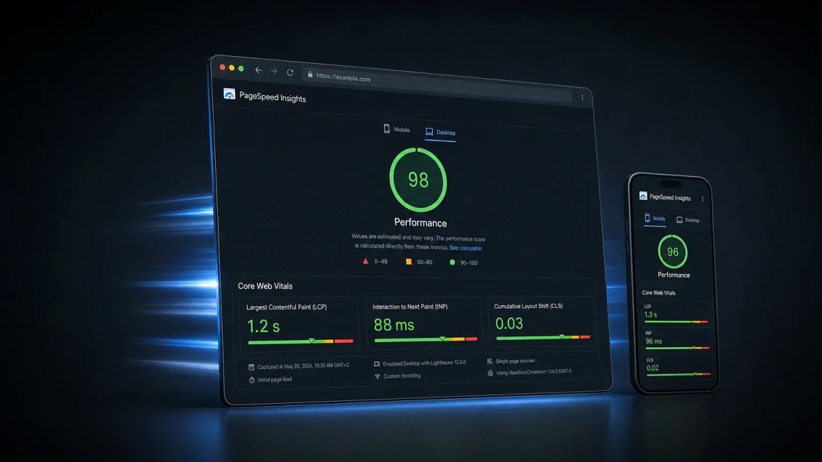 A PageSpeed Insights report on desktop and mobile showing a 98 performance score and Core Web Vitals metrics
