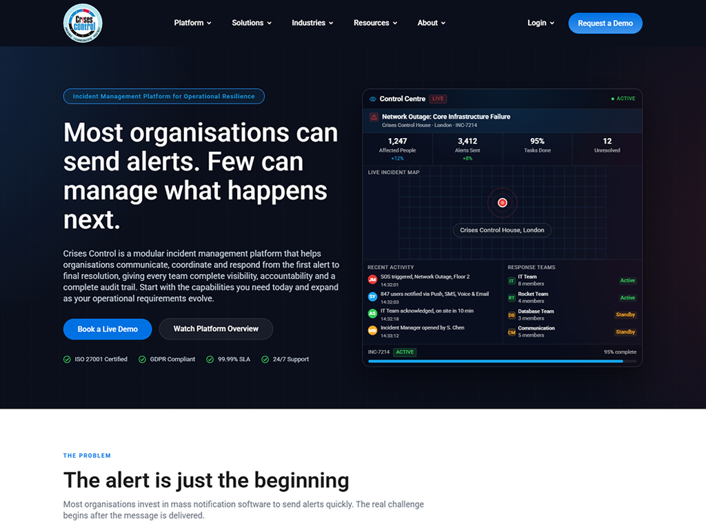Crises Control website, a critical-event management SaaS marketing site