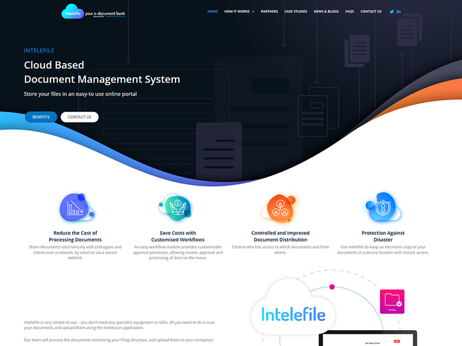 Intelefile website, a cloud document-management platform built in WordPress