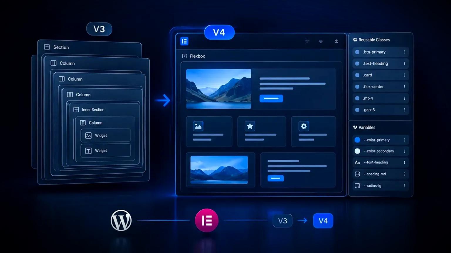 A page-builder screen showing an Elementor V4 flexbox layout of atomic elements beside a panel of classes and variables, with nested V3 boxes resolving into a flat structure