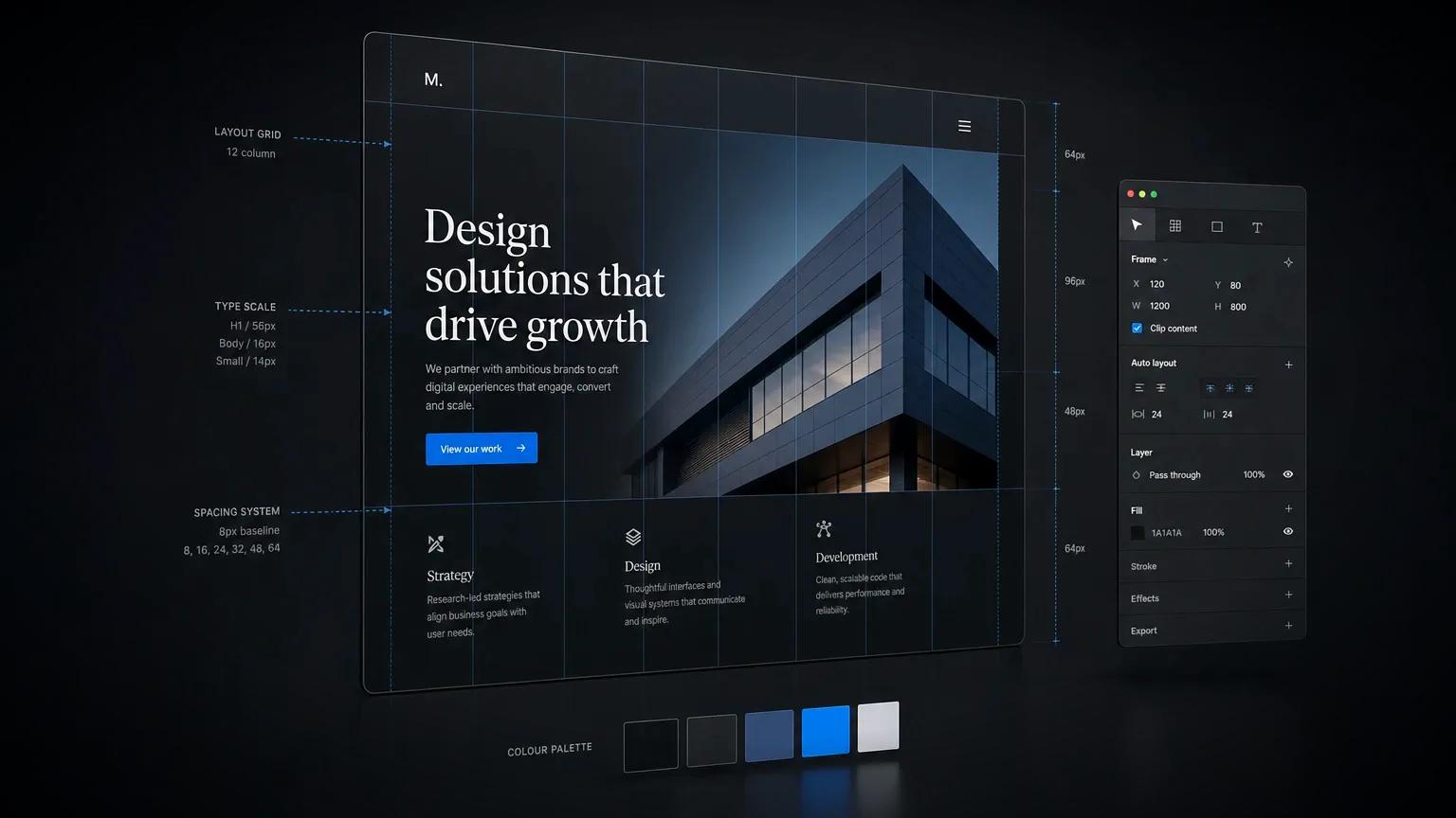 A website mockup shown with its design system: a layout grid, type scale, spacing and colour palette, in a design tool