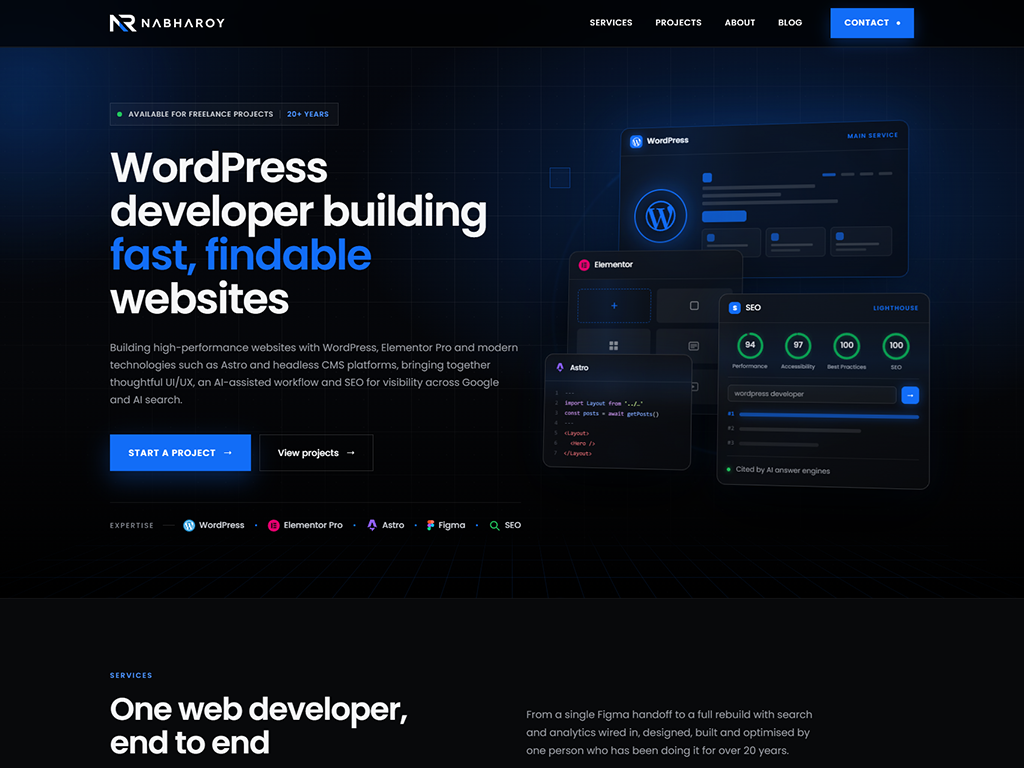 nabharoy.com, a portfolio website built with Astro and a headless CMS