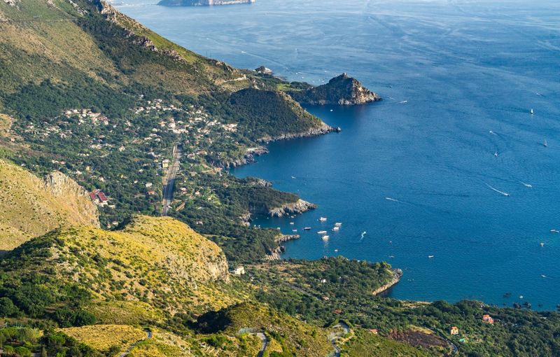 Scenic seascape of Tyrrhenian coastline and Gulf of Policastro viewed from Mount San Biagio in Maratea, Basilicata, Italy