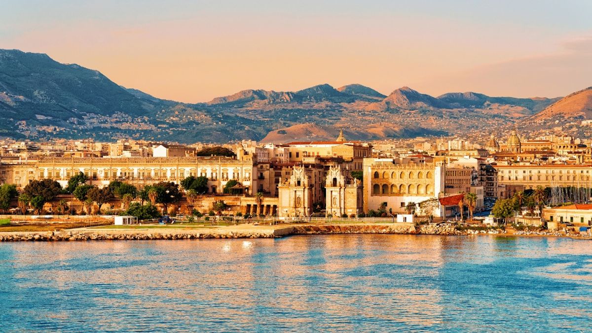 Sunrise at Mediterranian sea Sicily Palermo old city
