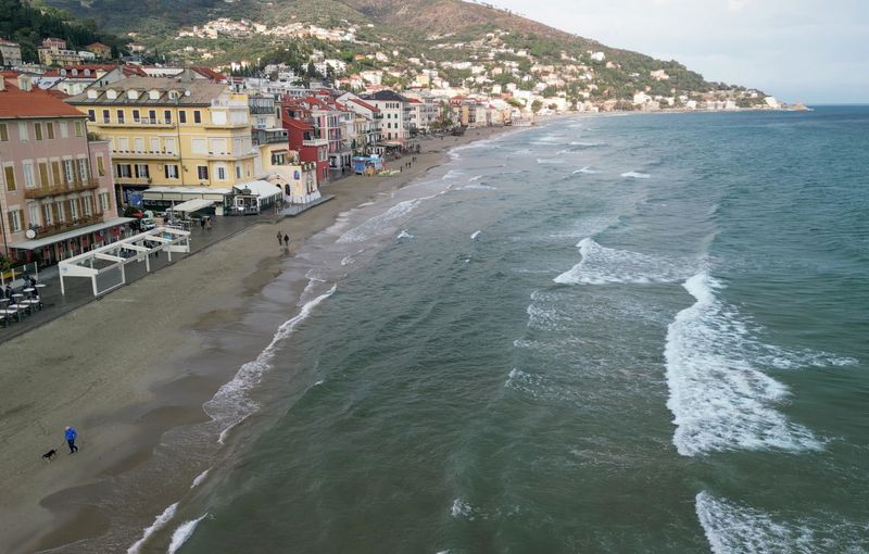 Drone Perspective of Alassio Shoreline during Winter Season with