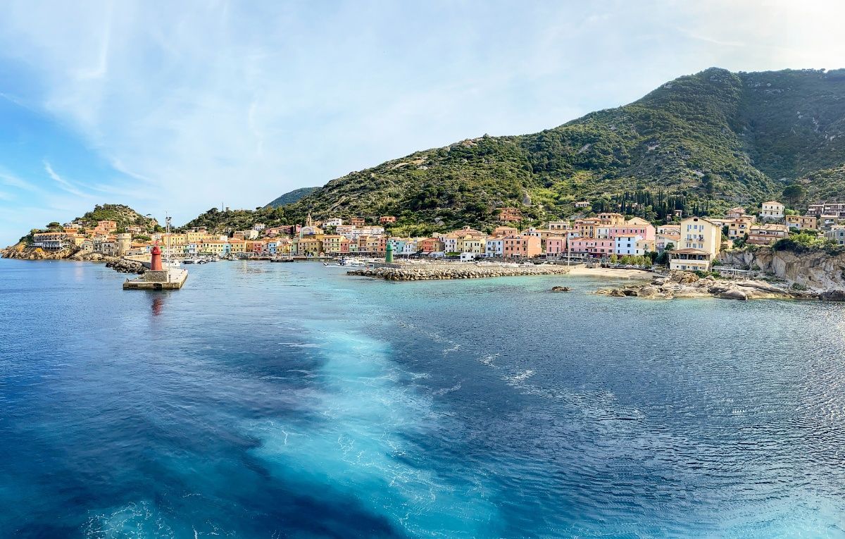 View to harbour and old town of Giglio Porto at Isola del Giglio,