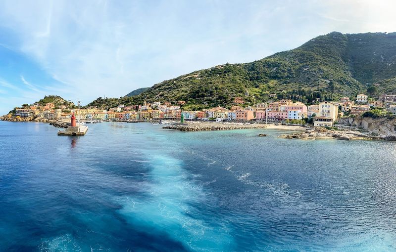 View to harbour and old town of Giglio Porto at Isola del Giglio,