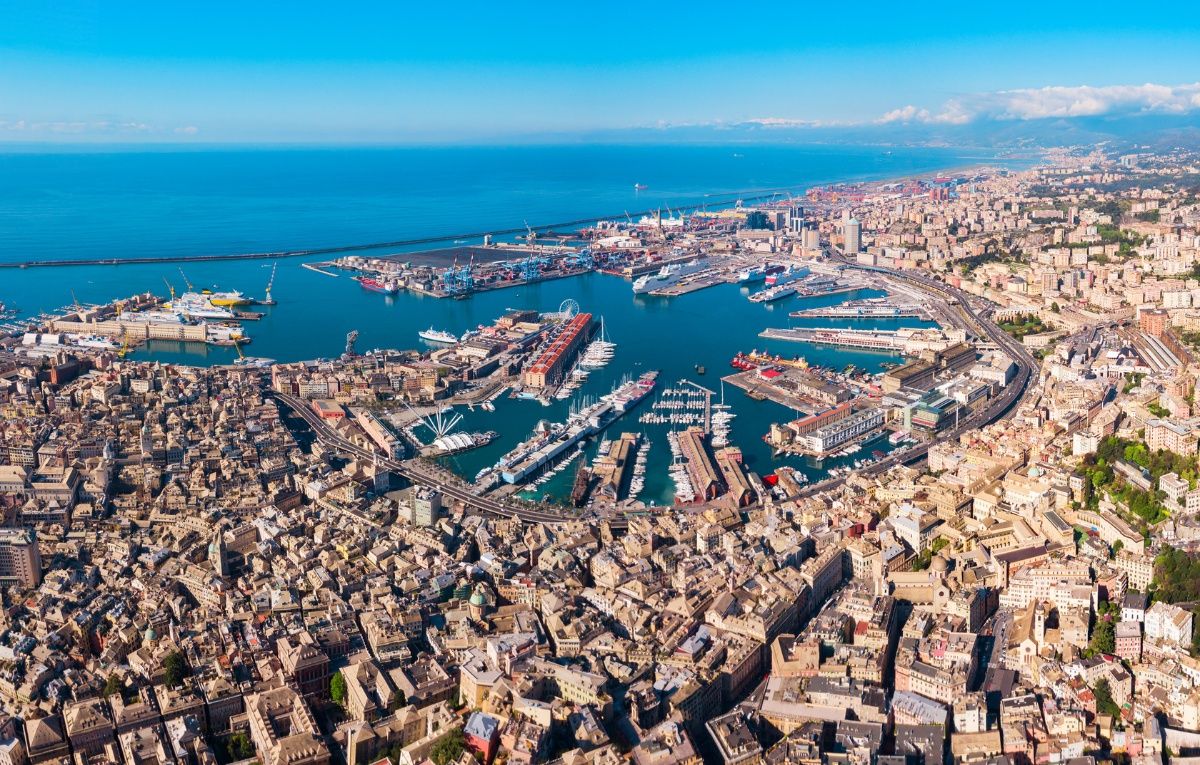 Genoa port aerial panoramic view