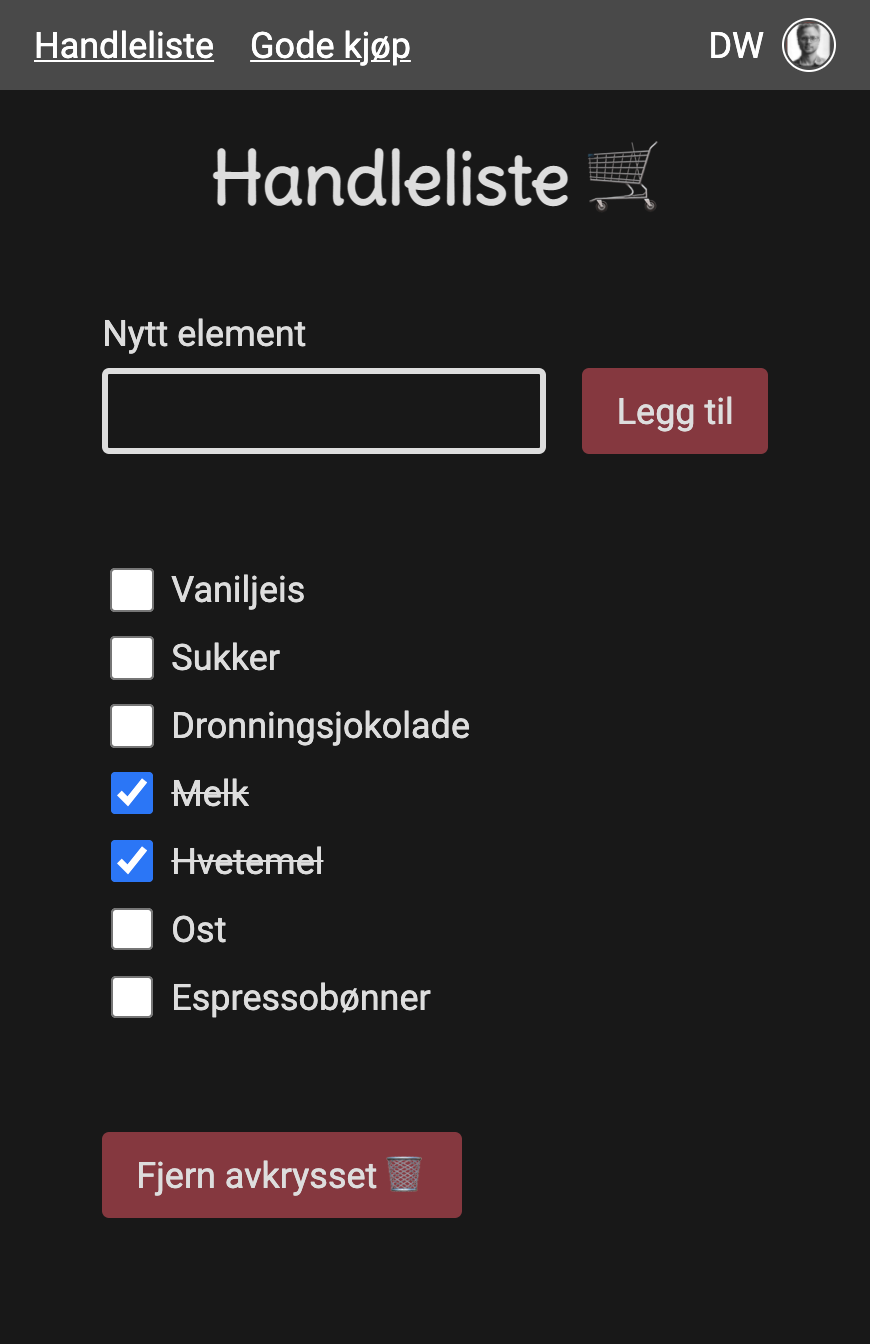 A digital shopping list where some elements are crossed out, and there is a text field where you can add new items.