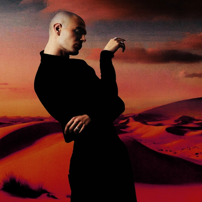 Portrait de Liv Oddman en pull noir, devant un paysage de dunes rouges au ciel orangé