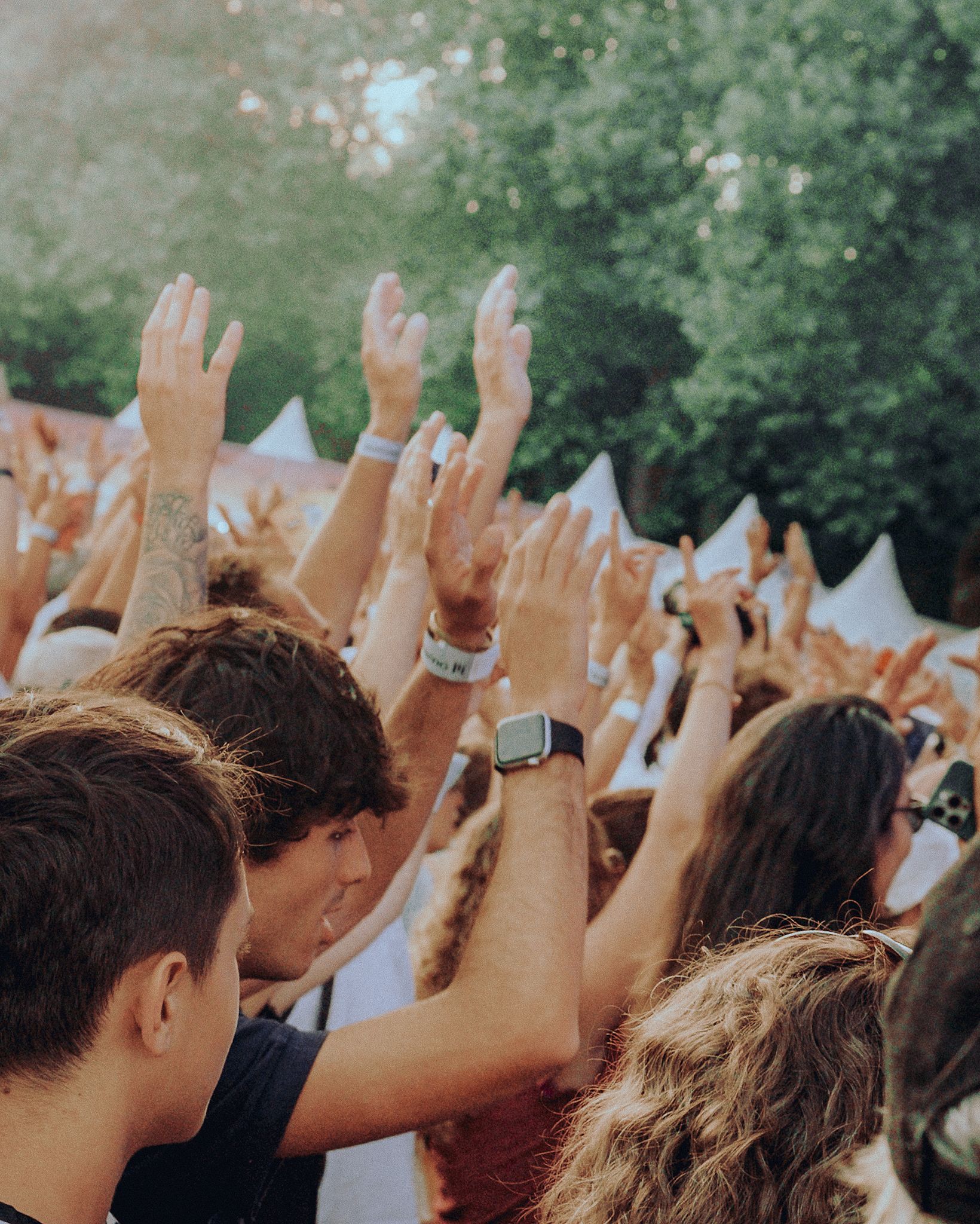 Bras levés dans le public du festival Chambord Live, sous les arbres