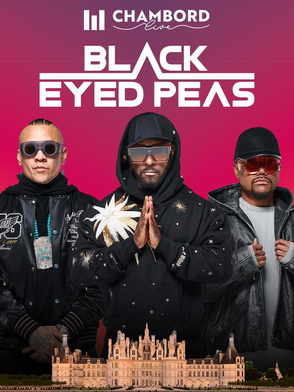Les Black Eyed Peas devant le château de Chambord, visuel d'annonce Chambord Live sur fond rose