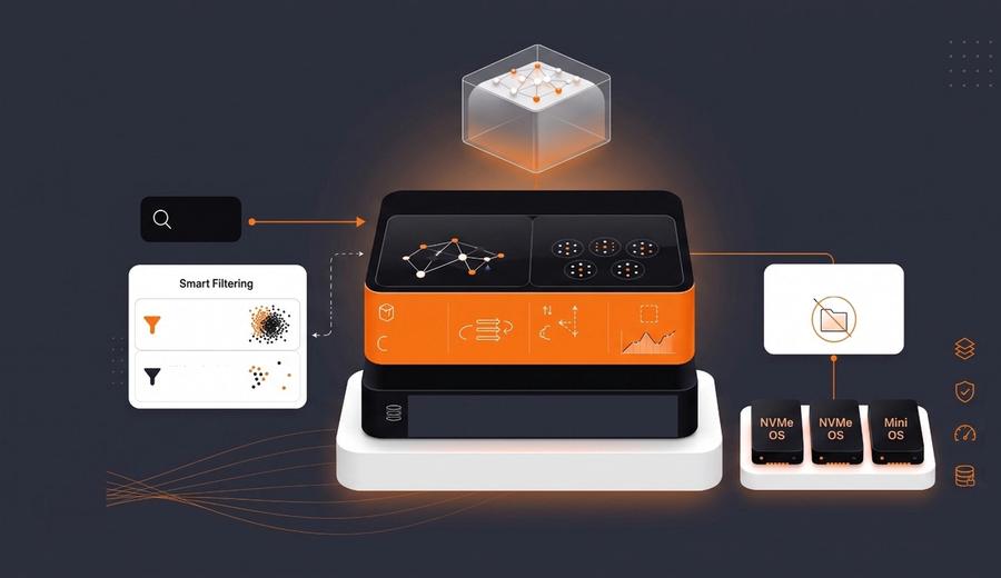 An atmospheric image of a database and a link to hardware and software components