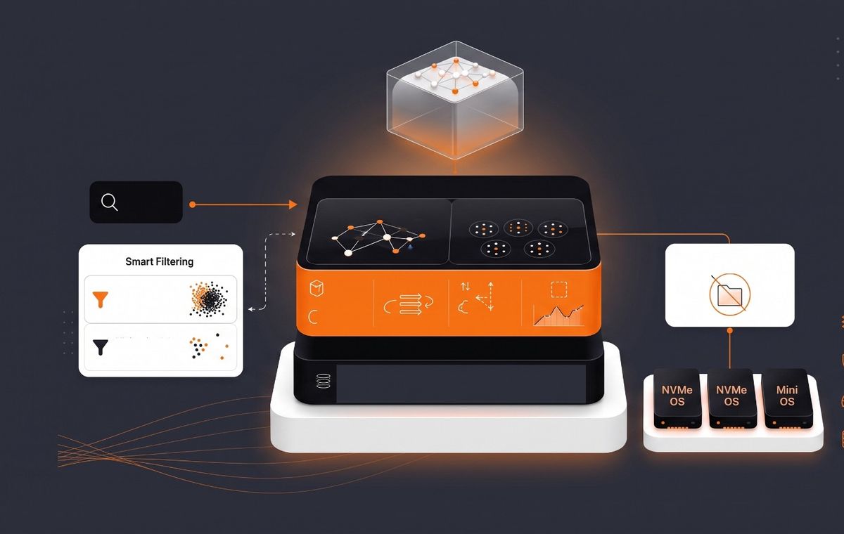 An atmospheric image of a database and a link to hardware and software components