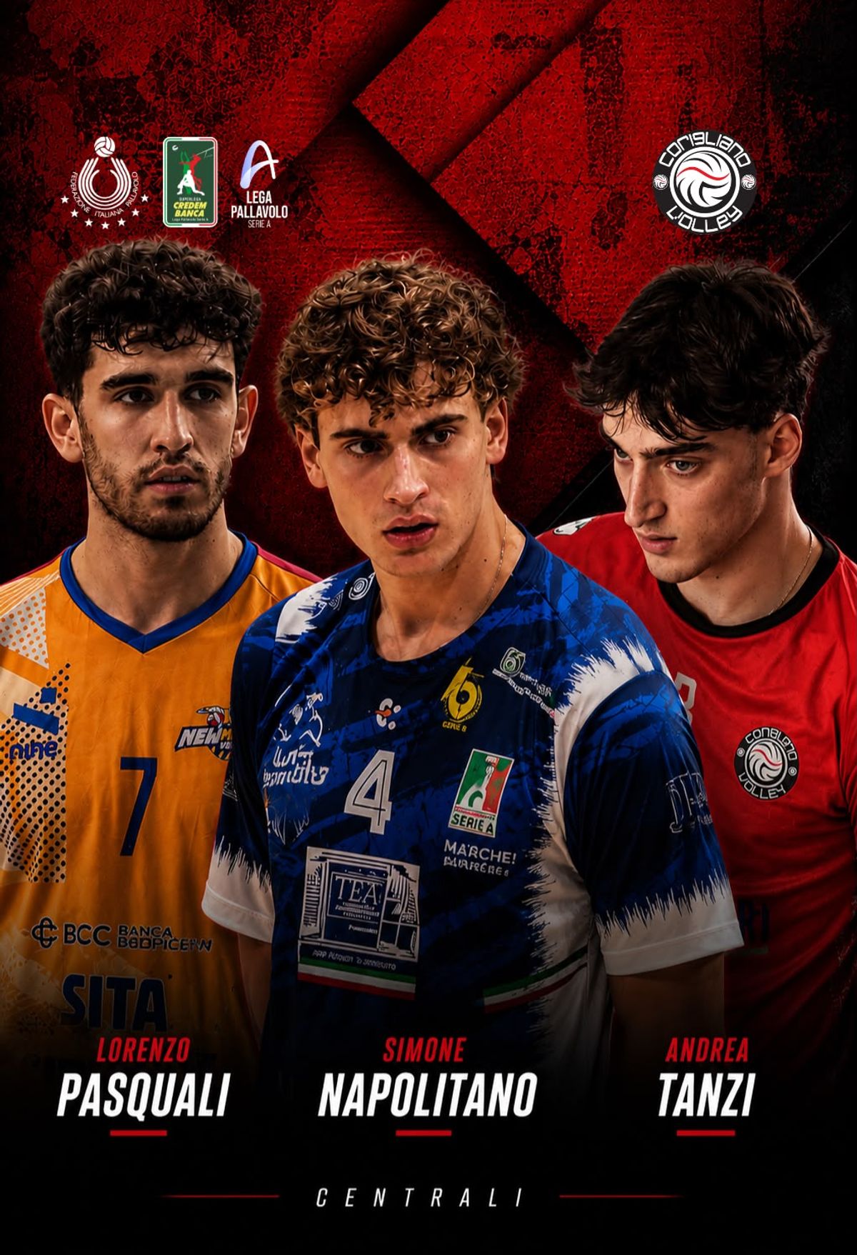 La Corigliano Volley completa il reparto centrali: arrivano Lorenzo Pasquali e Simone Napolitano, confermato Andrea Tanzi