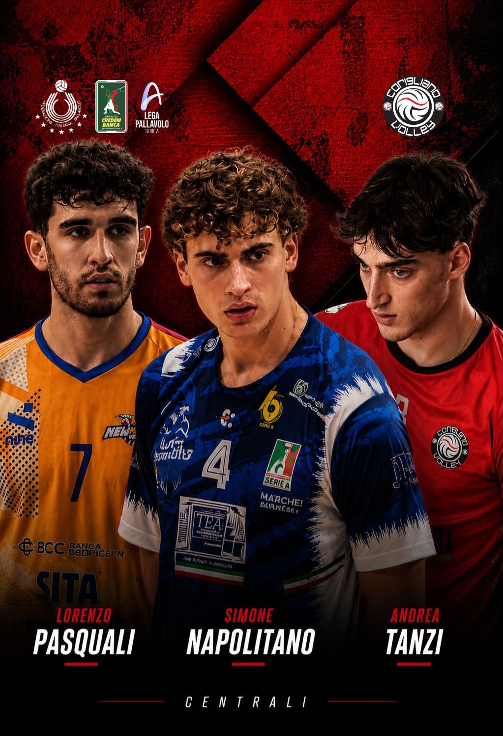 La Corigliano Volley completa il reparto centrali: arrivano Lorenzo Pasquali e Simone Napolitano, confermato Andrea Tanzi
