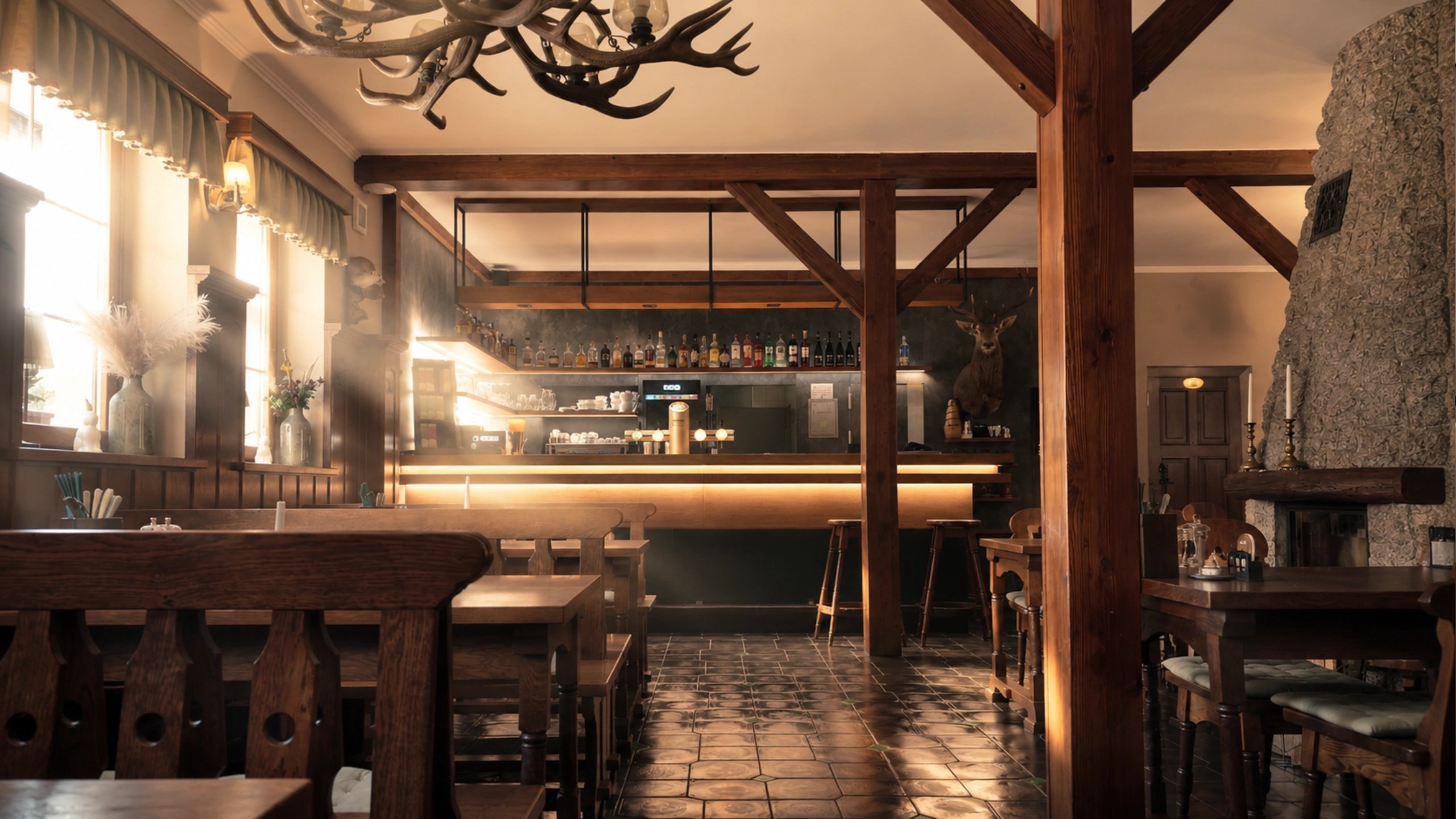 Restaurace penzionu Jarmilka s dřevěnými trámy a barem