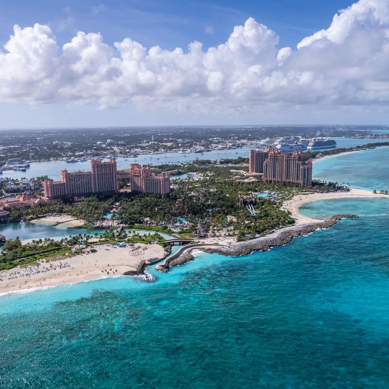 The drone panoramic view of Paradise Island, Nassau, Bahamas