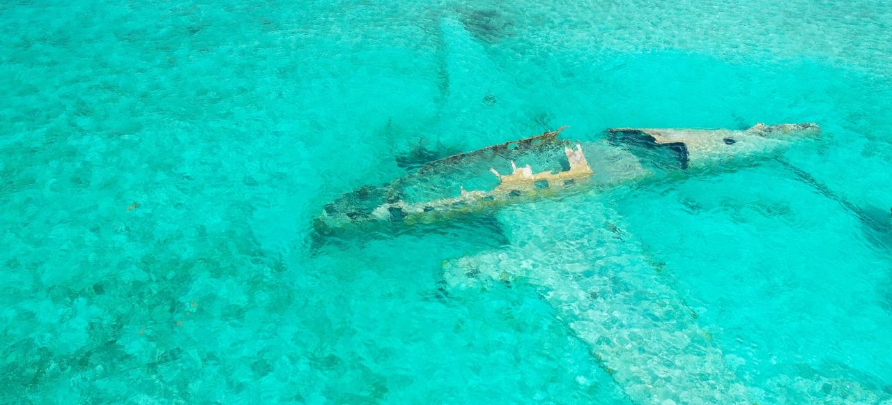 Famous Staniel Cay plane wreck near the Compass Cay island, Exumas, Bahamas