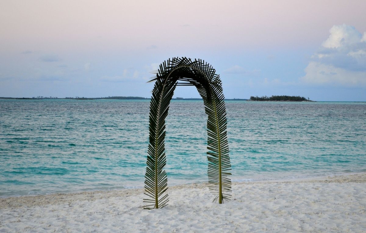 Beautiful palm tree arch for a romantic wedding in Bahamas