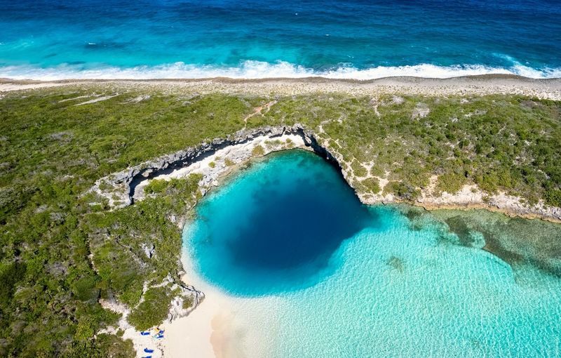 Aerial top view of the famous Dean's blue hole at the Bahamas