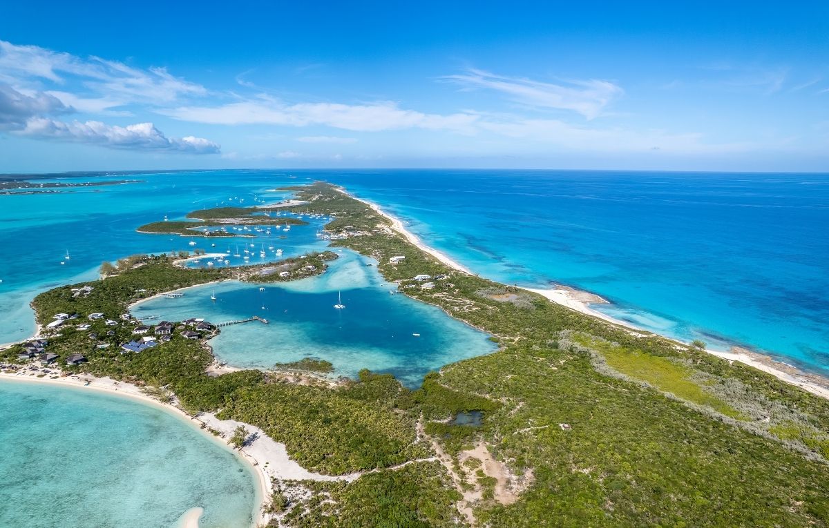 The drone aerial view of Stocking Island, Great Exuma, Bahamas.