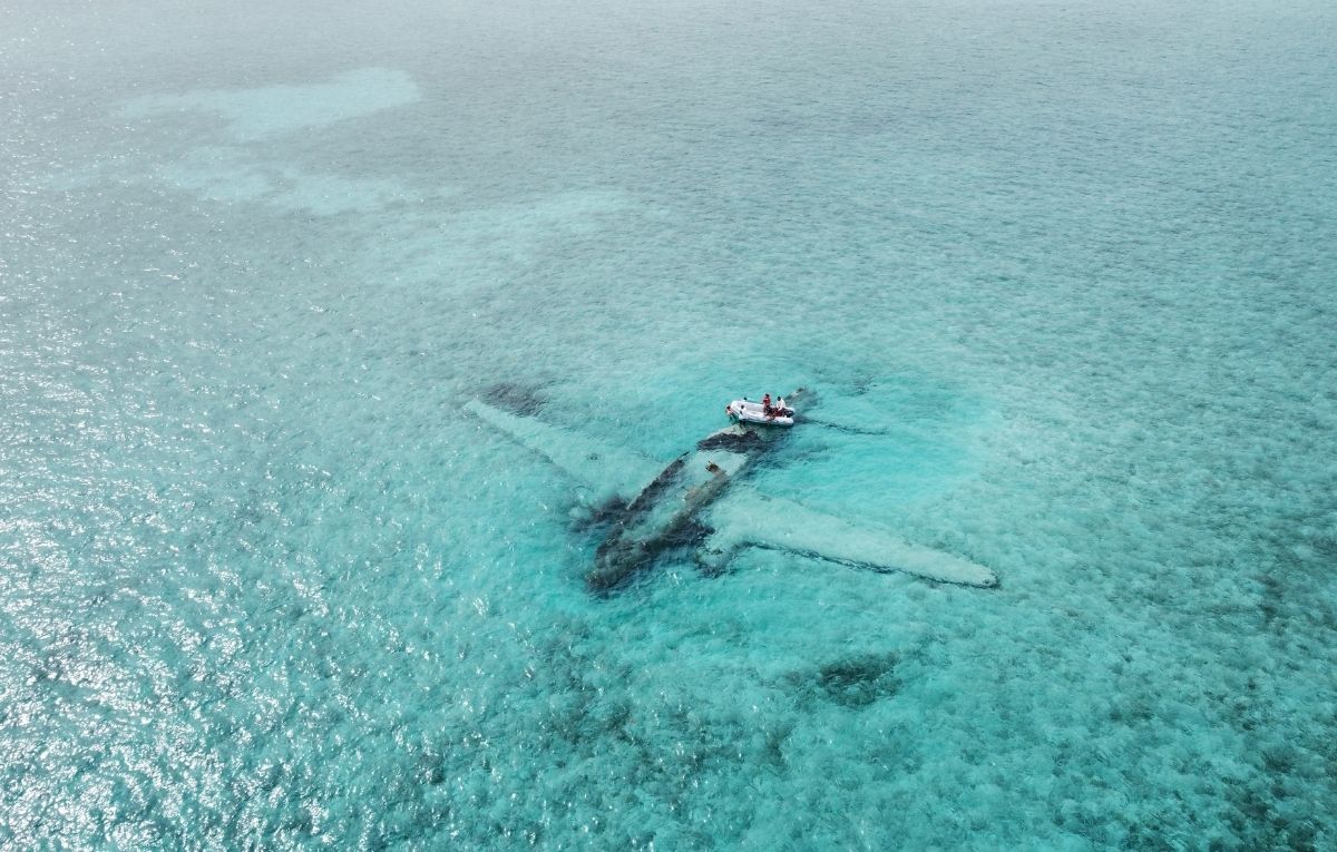 he wreckage of a Curtiss C-46 Commando that crashed in shallow water at Norman's Cay