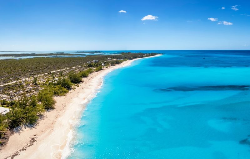 Aerial view of the turquoise ocean at Galliot Cay, Long Island