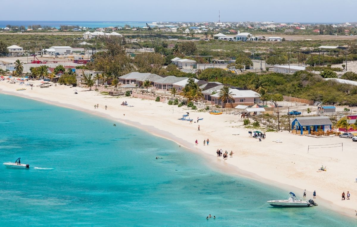 Aerial view of the beach at the cruise center of Grand Turk in the Caribbean with a view over Cockburn Town.