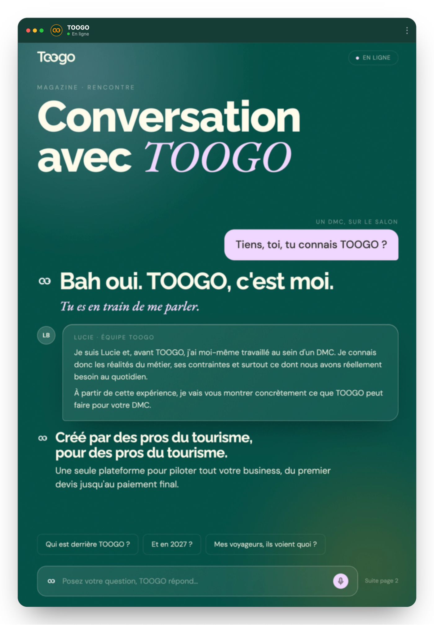 A conversation with TOOGO, shown as a real messaging exchange.