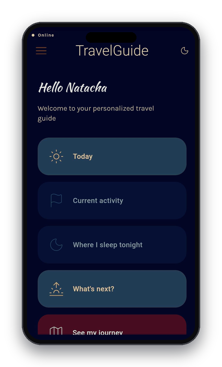 L'écran d'accueil de la Travel Guide App : aujourd'hui, activité en cours, où dormir ce soir, la suite du parcours.