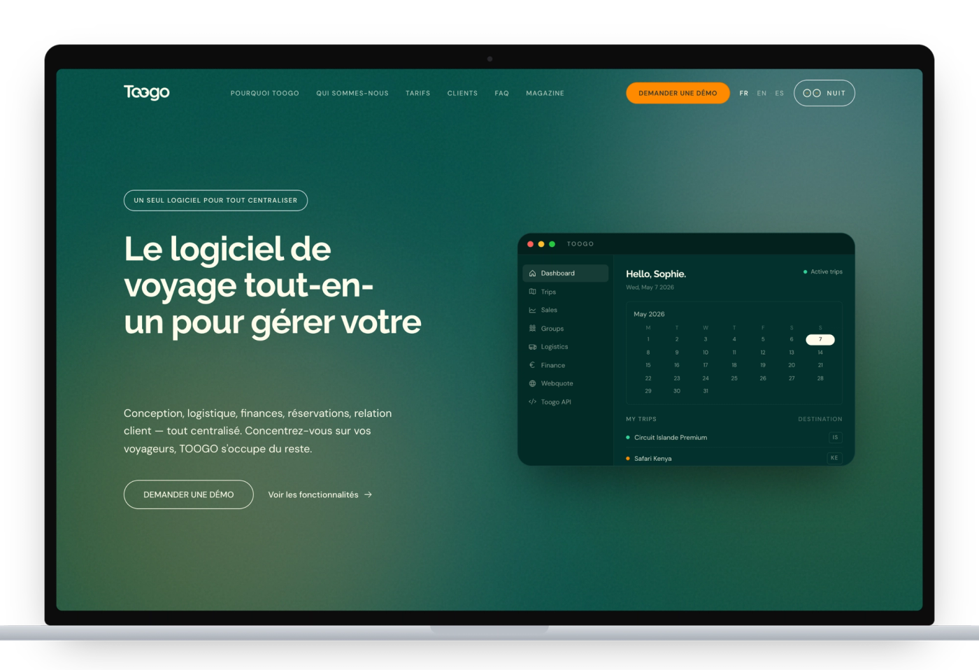 The new TOOGO website: homepage with the new identity and dashboard.