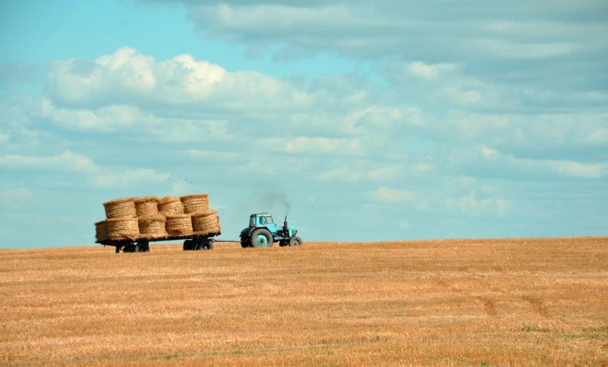 A tractor pulling bales of hay across a field