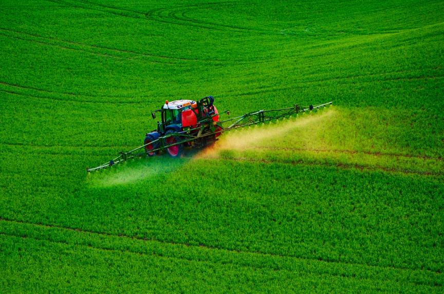 A tractor fertilizing a sloping green field.