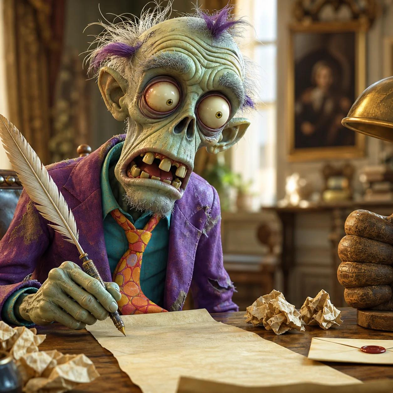 Illustration of a zombie character sitting at a desk writing a letter by lamplight, with crumpled paper drafts, a sealed envelope, and a wooden thumbs-up sculpture nearby.