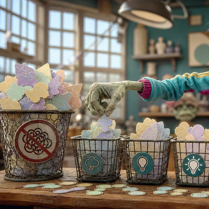 A zombie mascot calmly sorts glowing idea-shaped paper scraps into labeled wire baskets along a workbench assembly line, stamping a finished stack while a bin of tangled, chaotic notes overflows nearby.