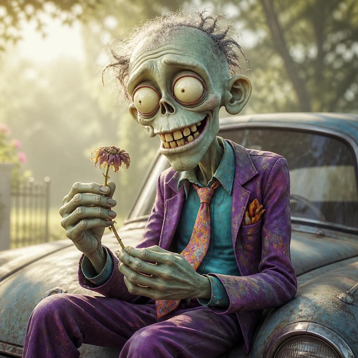 A zombie mascot sits pensively on the hood of a car in a foggy driveway at dawn, holding a wilted flower and gazing into the soft morning light.