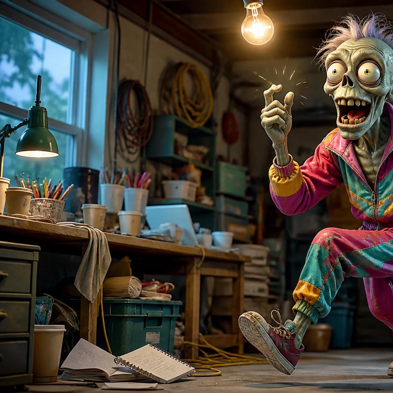 A zombie mascot stands in a cluttered home office with a lightbulb glowing overhead, snapping its fingers in a moment of sudden realization amid scattered notebooks and coffee cups.