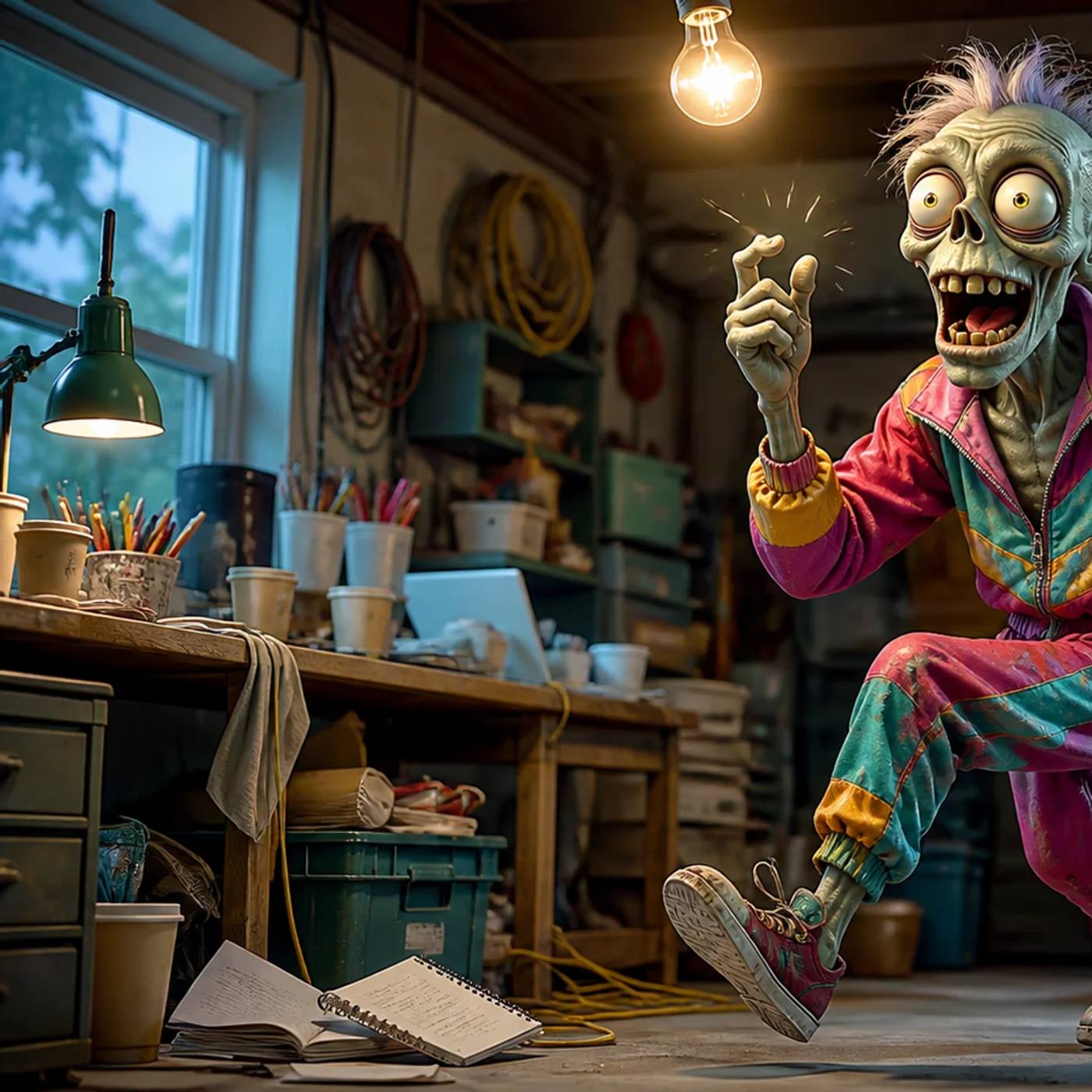 A zombie mascot stands in a cluttered home office with a lightbulb glowing overhead, snapping its fingers in a moment of sudden realization amid scattered notebooks and coffee cups.