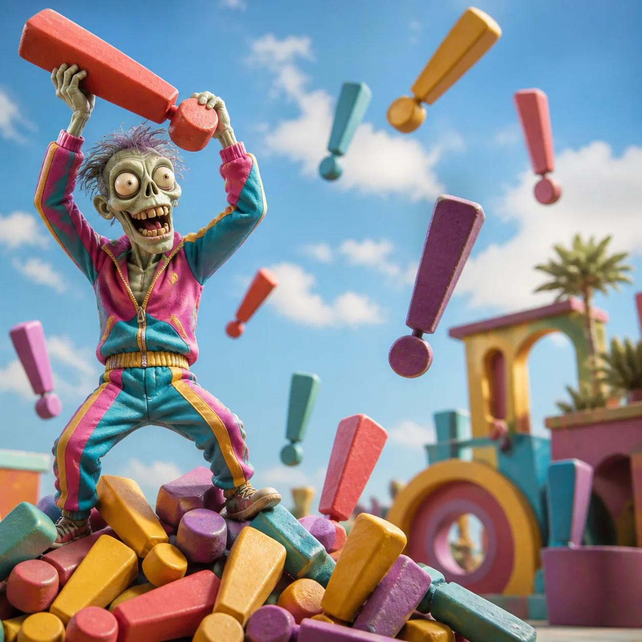 A cartoon zombie mascot stands triumphantly on a pile of giant exclamation-point sculptures, holding one aloft overhead as more tumble down around it.