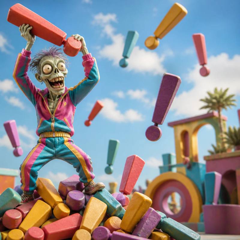 A cartoon zombie mascot stands triumphantly on a pile of giant exclamation-point sculptures, holding one aloft overhead as more tumble down around it.