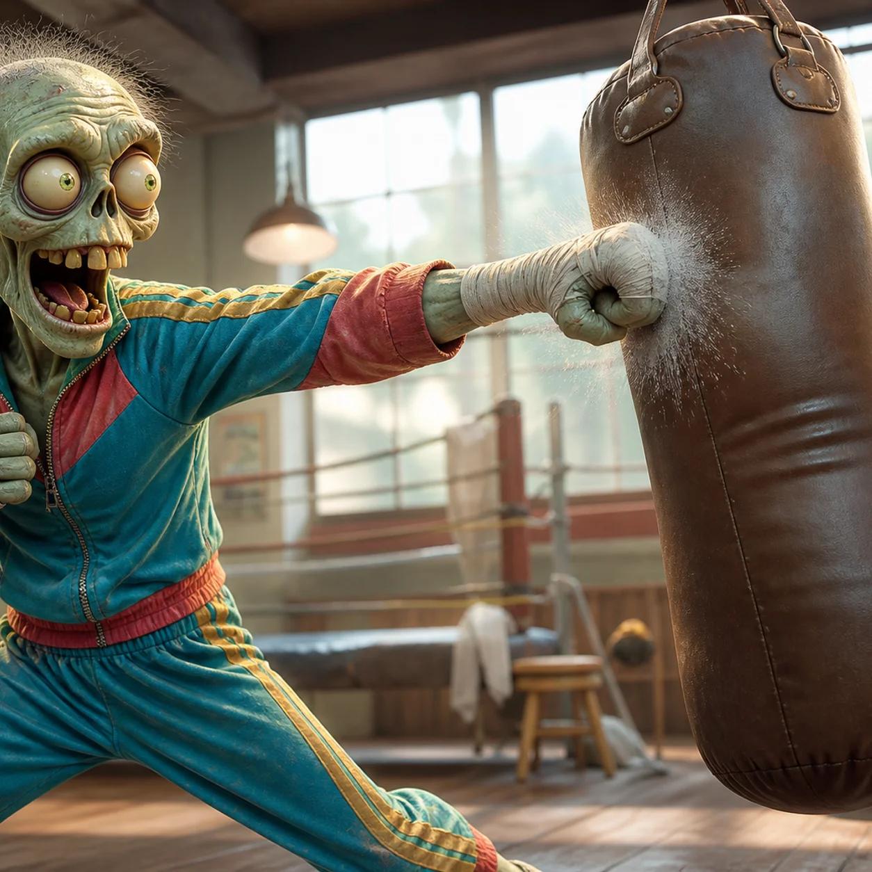 A cartoon zombie mascot throws a sharp jab at a swinging heavy bag in a bare-bones boxing gym, chalk dust scattering from the impact.