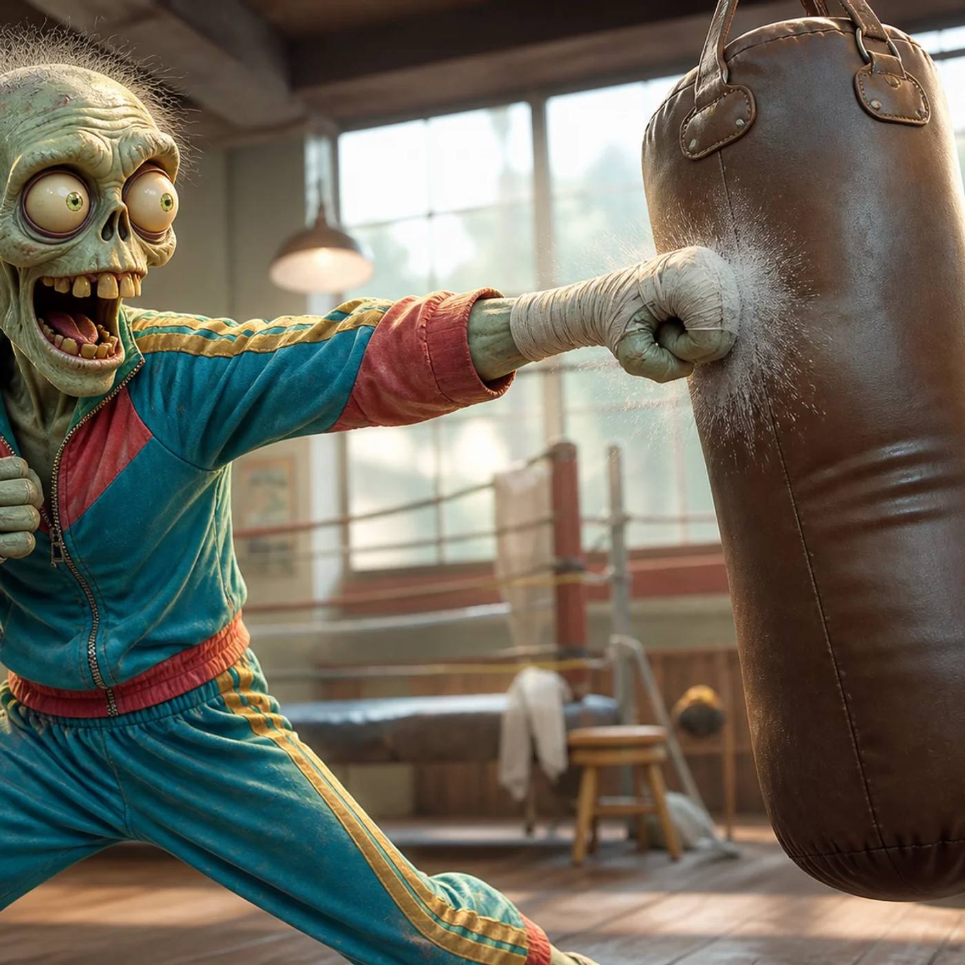 A cartoon zombie mascot throws a sharp jab at a swinging heavy bag in a bare-bones boxing gym, chalk dust scattering from the impact.