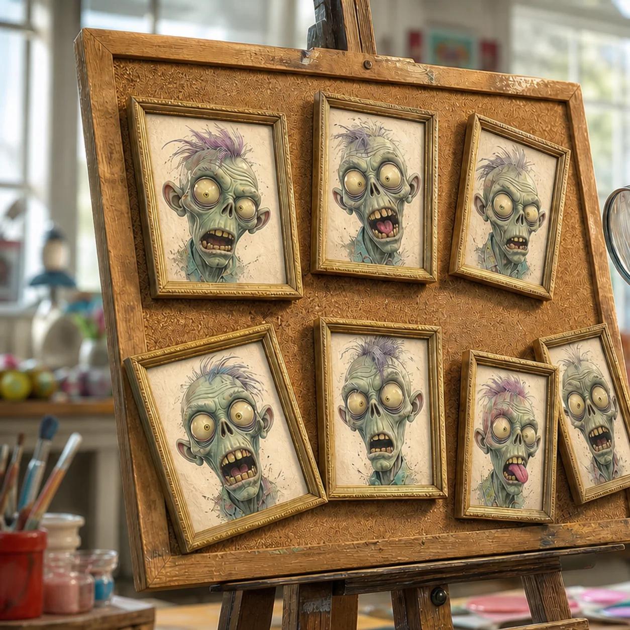 A zombie mascot squints through a magnifying glass while comparing seven picture frames of different expressions pinned to a large corkboard easel.