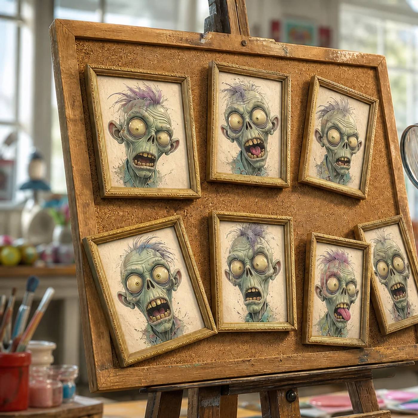 A zombie mascot squints through a magnifying glass while comparing seven picture frames of different expressions pinned to a large corkboard easel.