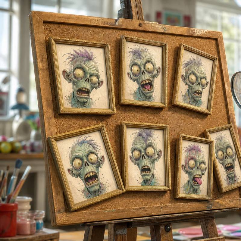 A zombie mascot squints through a magnifying glass while comparing seven picture frames of different expressions pinned to a large corkboard easel.